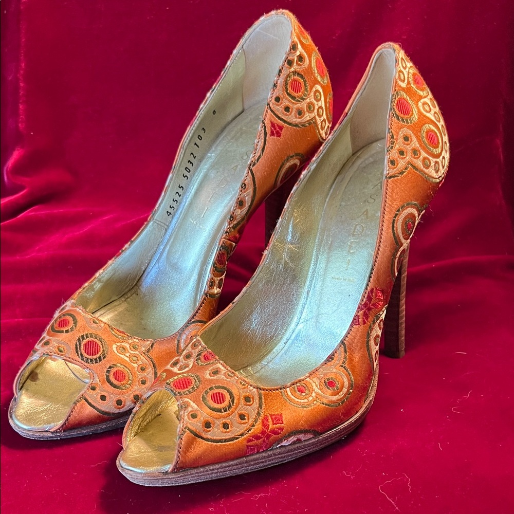Casadei Paisley & Gold & Orange Leather Heels, Size 8